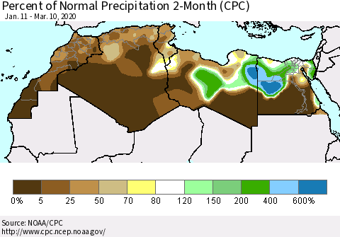 North Africa Percent of Normal Precipitation 2-Month (CPC) Thematic Map For 1/11/2020 - 3/10/2020