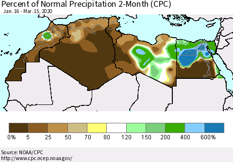 North Africa Percent of Normal Precipitation 2-Month (CPC) Thematic Map For 1/16/2020 - 3/15/2020