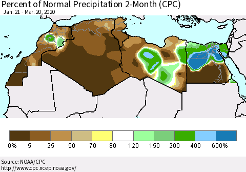 North Africa Percent of Normal Precipitation 2-Month (CPC) Thematic Map For 1/21/2020 - 3/20/2020