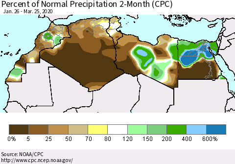 North Africa Percent of Normal Precipitation 2-Month (CPC) Thematic Map For 1/26/2020 - 3/25/2020