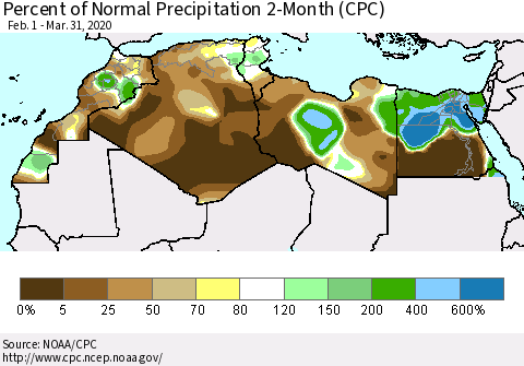 North Africa Percent of Normal Precipitation 2-Month (CPC) Thematic Map For 2/1/2020 - 3/31/2020