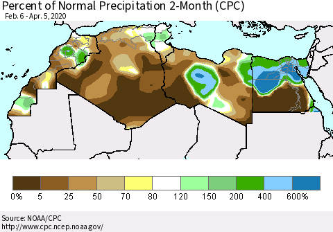 North Africa Percent of Normal Precipitation 2-Month (CPC) Thematic Map For 2/6/2020 - 4/5/2020