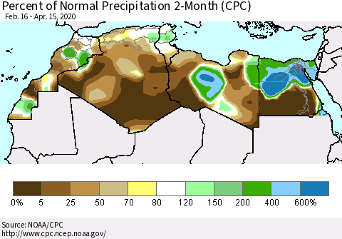 North Africa Percent of Normal Precipitation 2-Month (CPC) Thematic Map For 2/16/2020 - 4/15/2020