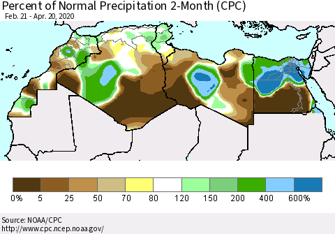 North Africa Percent of Normal Precipitation 2-Month (CPC) Thematic Map For 2/21/2020 - 4/20/2020
