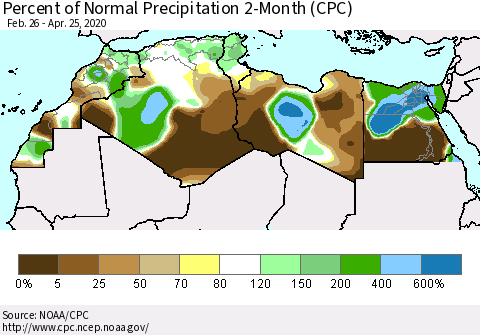 North Africa Percent of Normal Precipitation 2-Month (CPC) Thematic Map For 2/26/2020 - 4/25/2020