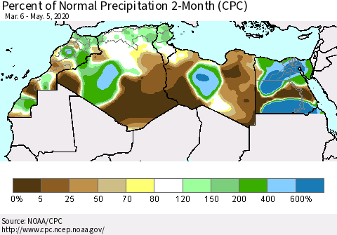 North Africa Percent of Normal Precipitation 2-Month (CPC) Thematic Map For 3/6/2020 - 5/5/2020
