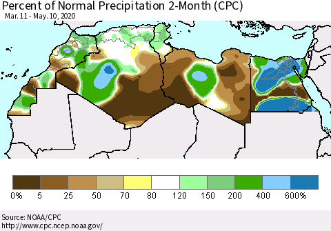 North Africa Percent of Normal Precipitation 2-Month (CPC) Thematic Map For 3/11/2020 - 5/10/2020