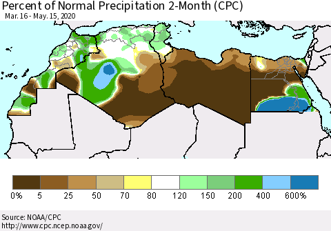 North Africa Percent of Normal Precipitation 2-Month (CPC) Thematic Map For 3/16/2020 - 5/15/2020