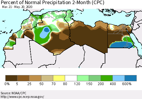 North Africa Percent of Normal Precipitation 2-Month (CPC) Thematic Map For 3/21/2020 - 5/20/2020