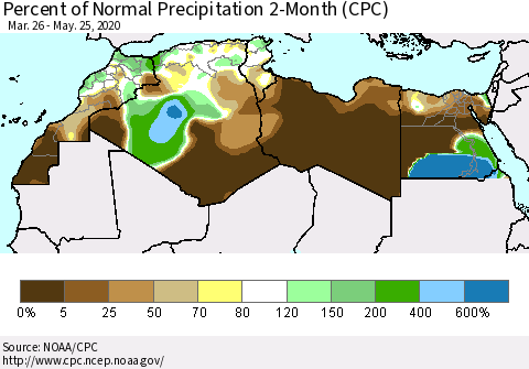 North Africa Percent of Normal Precipitation 2-Month (CPC) Thematic Map For 3/26/2020 - 5/25/2020