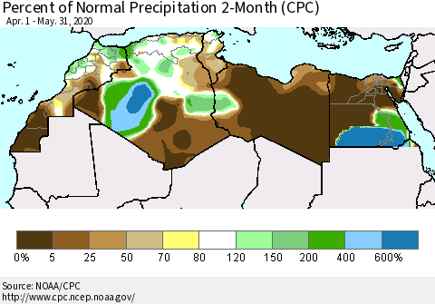 North Africa Percent of Normal Precipitation 2-Month (CPC) Thematic Map For 4/1/2020 - 5/31/2020