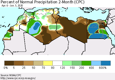North Africa Percent of Normal Precipitation 2-Month (CPC) Thematic Map For 4/6/2020 - 6/5/2020