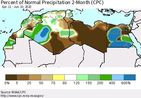 North Africa Percent of Normal Precipitation 2-Month (CPC) Thematic Map For 4/11/2020 - 6/10/2020