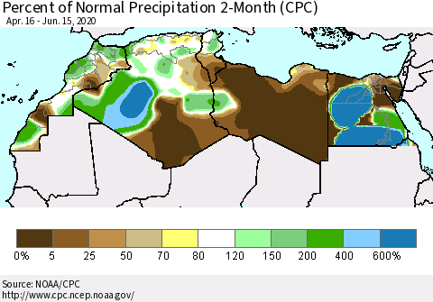 North Africa Percent of Normal Precipitation 2-Month (CPC) Thematic Map For 4/16/2020 - 6/15/2020