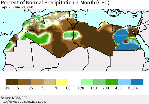 North Africa Percent of Normal Precipitation 2-Month (CPC) Thematic Map For 4/21/2020 - 6/20/2020