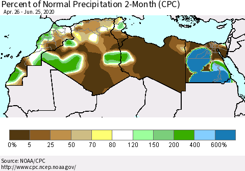 North Africa Percent of Normal Precipitation 2-Month (CPC) Thematic Map For 4/26/2020 - 6/25/2020