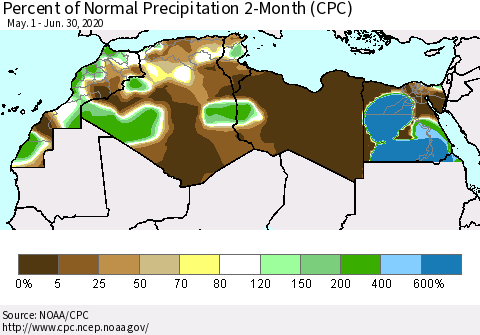 North Africa Percent of Normal Precipitation 2-Month (CPC) Thematic Map For 5/1/2020 - 6/30/2020