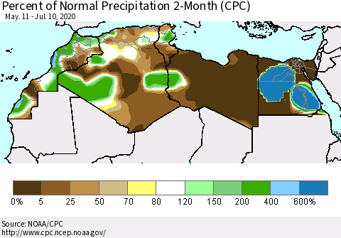 North Africa Percent of Normal Precipitation 2-Month (CPC) Thematic Map For 5/11/2020 - 7/10/2020