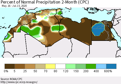 North Africa Percent of Normal Precipitation 2-Month (CPC) Thematic Map For 5/16/2020 - 7/15/2020