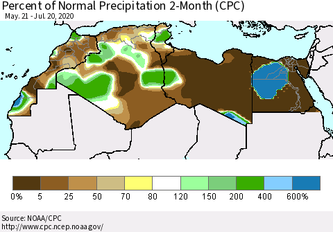 North Africa Percent of Normal Precipitation 2-Month (CPC) Thematic Map For 5/21/2020 - 7/20/2020