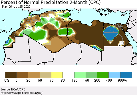 North Africa Percent of Normal Precipitation 2-Month (CPC) Thematic Map For 5/26/2020 - 7/25/2020