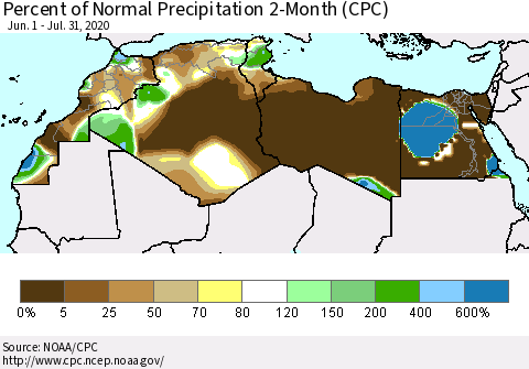 North Africa Percent of Normal Precipitation 2-Month (CPC) Thematic Map For 6/1/2020 - 7/31/2020
