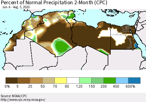 North Africa Percent of Normal Precipitation 2-Month (CPC) Thematic Map For 6/6/2020 - 8/5/2020
