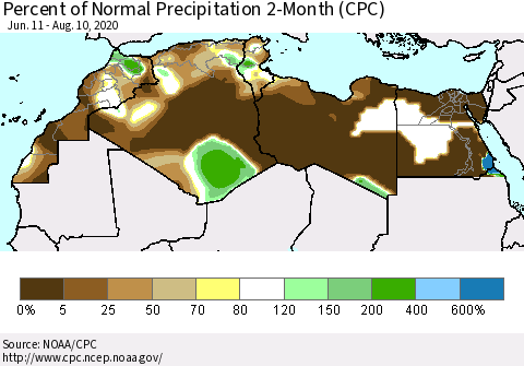 North Africa Percent of Normal Precipitation 2-Month (CPC) Thematic Map For 6/11/2020 - 8/10/2020