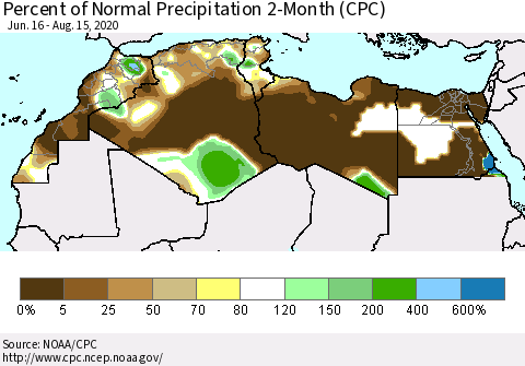 North Africa Percent of Normal Precipitation 2-Month (CPC) Thematic Map For 6/16/2020 - 8/15/2020
