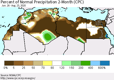 North Africa Percent of Normal Precipitation 2-Month (CPC) Thematic Map For 6/26/2020 - 8/25/2020