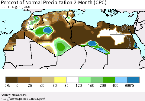 North Africa Percent of Normal Precipitation 2-Month (CPC) Thematic Map For 7/1/2020 - 8/31/2020