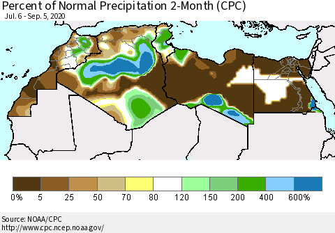 North Africa Percent of Normal Precipitation 2-Month (CPC) Thematic Map For 7/6/2020 - 9/5/2020