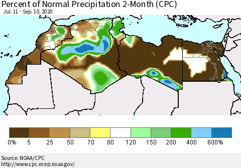North Africa Percent of Normal Precipitation 2-Month (CPC) Thematic Map For 7/11/2020 - 9/10/2020