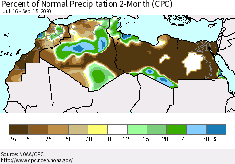 North Africa Percent of Normal Precipitation 2-Month (CPC) Thematic Map For 7/16/2020 - 9/15/2020