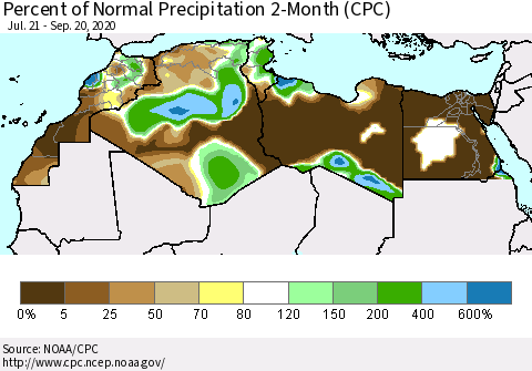 North Africa Percent of Normal Precipitation 2-Month (CPC) Thematic Map For 7/21/2020 - 9/20/2020