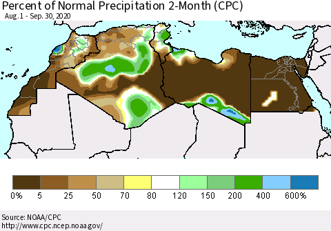North Africa Percent of Normal Precipitation 2-Month (CPC) Thematic Map For 8/1/2020 - 9/30/2020