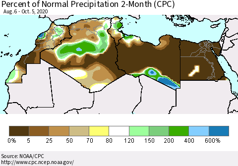 North Africa Percent of Normal Precipitation 2-Month (CPC) Thematic Map For 8/6/2020 - 10/5/2020