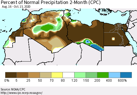North Africa Percent of Normal Precipitation 2-Month (CPC) Thematic Map For 8/16/2020 - 10/15/2020