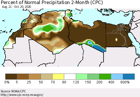 North Africa Percent of Normal Precipitation 2-Month (CPC) Thematic Map For 8/21/2020 - 10/20/2020