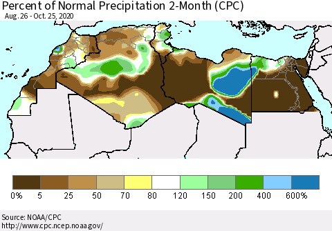 North Africa Percent of Normal Precipitation 2-Month (CPC) Thematic Map For 8/26/2020 - 10/25/2020