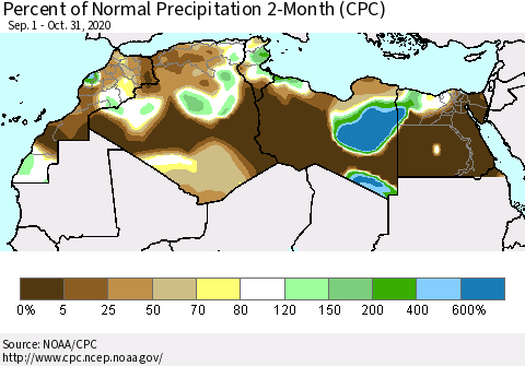 North Africa Percent of Normal Precipitation 2-Month (CPC) Thematic Map For 9/1/2020 - 10/31/2020