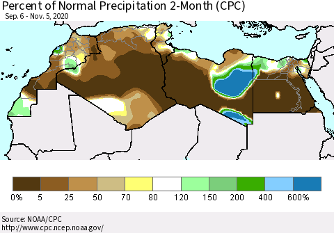 North Africa Percent of Normal Precipitation 2-Month (CPC) Thematic Map For 9/6/2020 - 11/5/2020