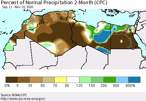 North Africa Percent of Normal Precipitation 2-Month (CPC) Thematic Map For 9/11/2020 - 11/10/2020