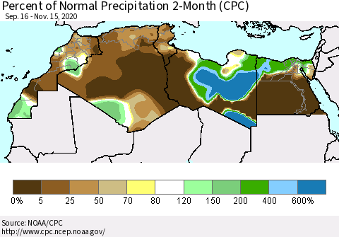 North Africa Percent of Normal Precipitation 2-Month (CPC) Thematic Map For 9/16/2020 - 11/15/2020
