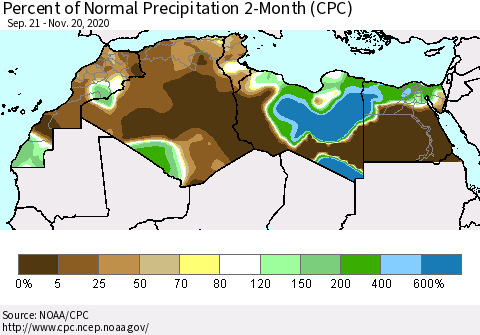 North Africa Percent of Normal Precipitation 2-Month (CPC) Thematic Map For 9/21/2020 - 11/20/2020