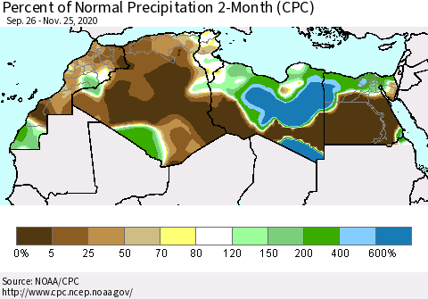 North Africa Percent of Normal Precipitation 2-Month (CPC) Thematic Map For 9/26/2020 - 11/25/2020