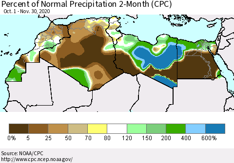 North Africa Percent of Normal Precipitation 2-Month (CPC) Thematic Map For 10/1/2020 - 11/30/2020