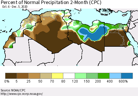 North Africa Percent of Normal Precipitation 2-Month (CPC) Thematic Map For 10/6/2020 - 12/5/2020