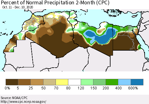 North Africa Percent of Normal Precipitation 2-Month (CPC) Thematic Map For 10/11/2020 - 12/10/2020