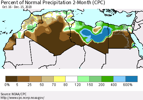North Africa Percent of Normal Precipitation 2-Month (CPC) Thematic Map For 10/16/2020 - 12/15/2020